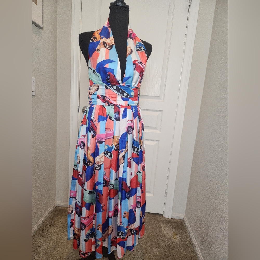 Designer Inspired Summer Dress Medium Pop Red White Blue - Picture 3 of 14